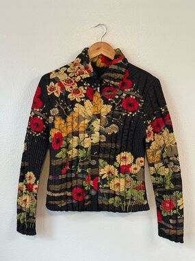 VTG UBU Ruched Floral Jacket with Beading Embroidery Sz M/L 90s Eclectic